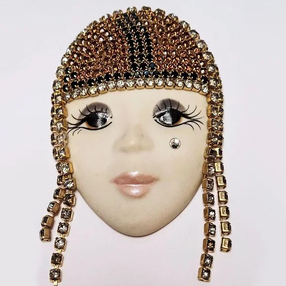 Vintage '87 Art Deco FLAPPER FACE HEADDRESS Porcelain Rhinestone Brooch Signed - Picture 2 of 9